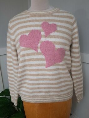 NWOT cupcakes & cashmere Cream & Pink Heart Striped Crewneck Sweater